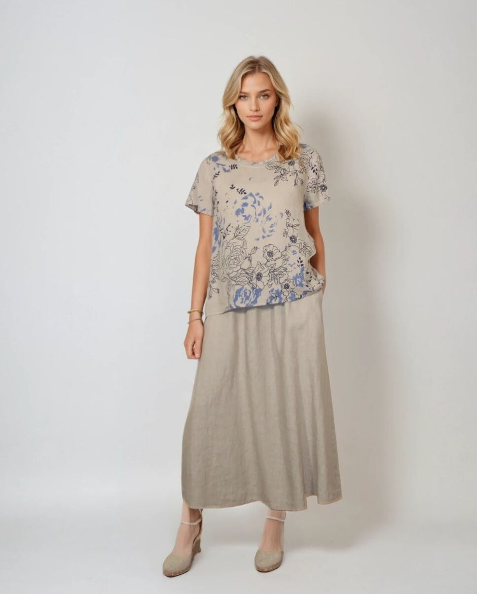 Blueberry Italia Linen Blue Roses Print Top - Beige