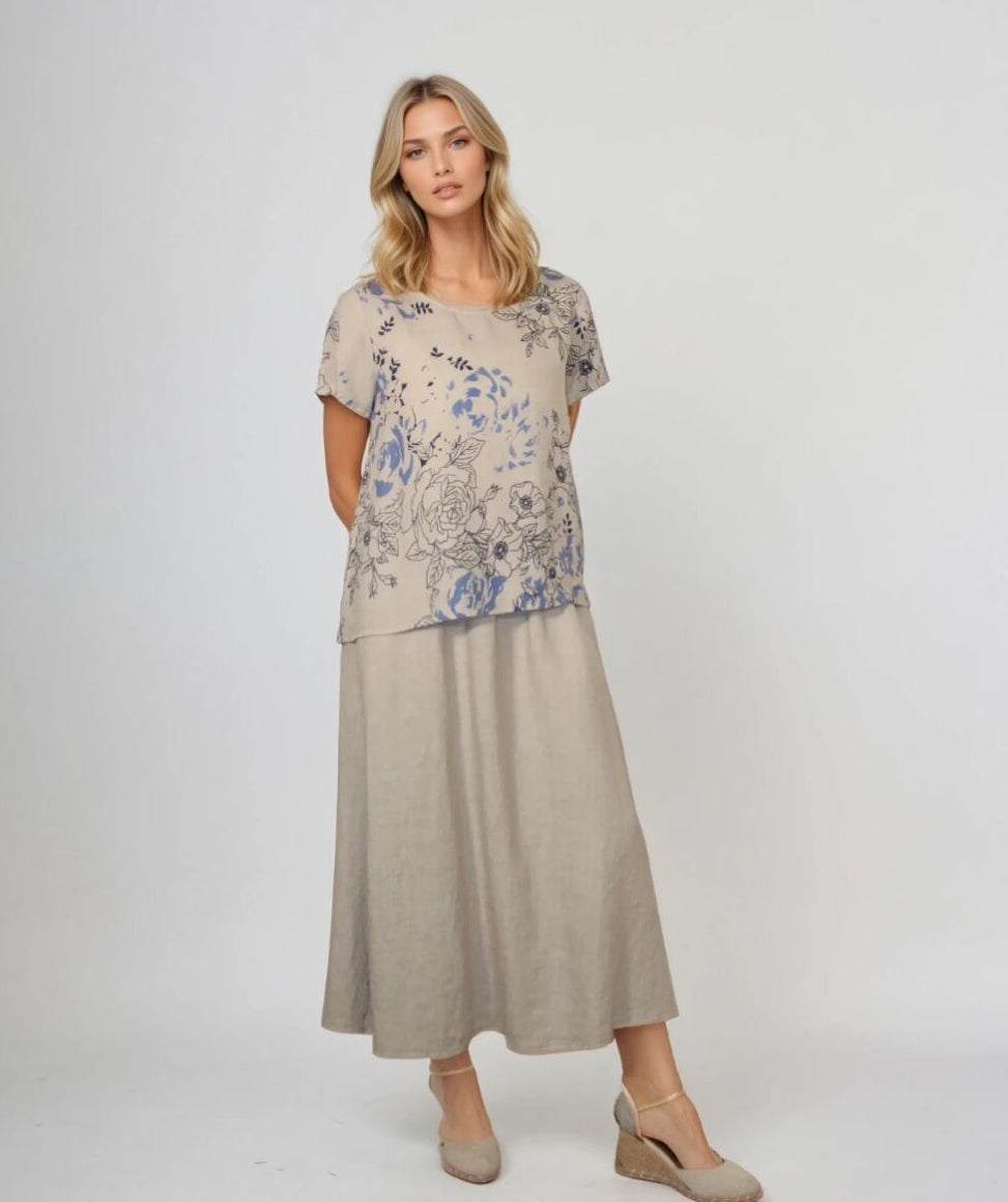 Blueberry Italia Linen Blue Roses Print Top - Beige