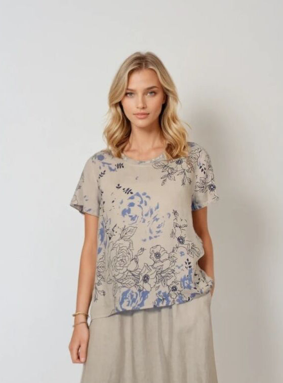 Blueberry Italia Linen Blue Roses Print Top - Beige