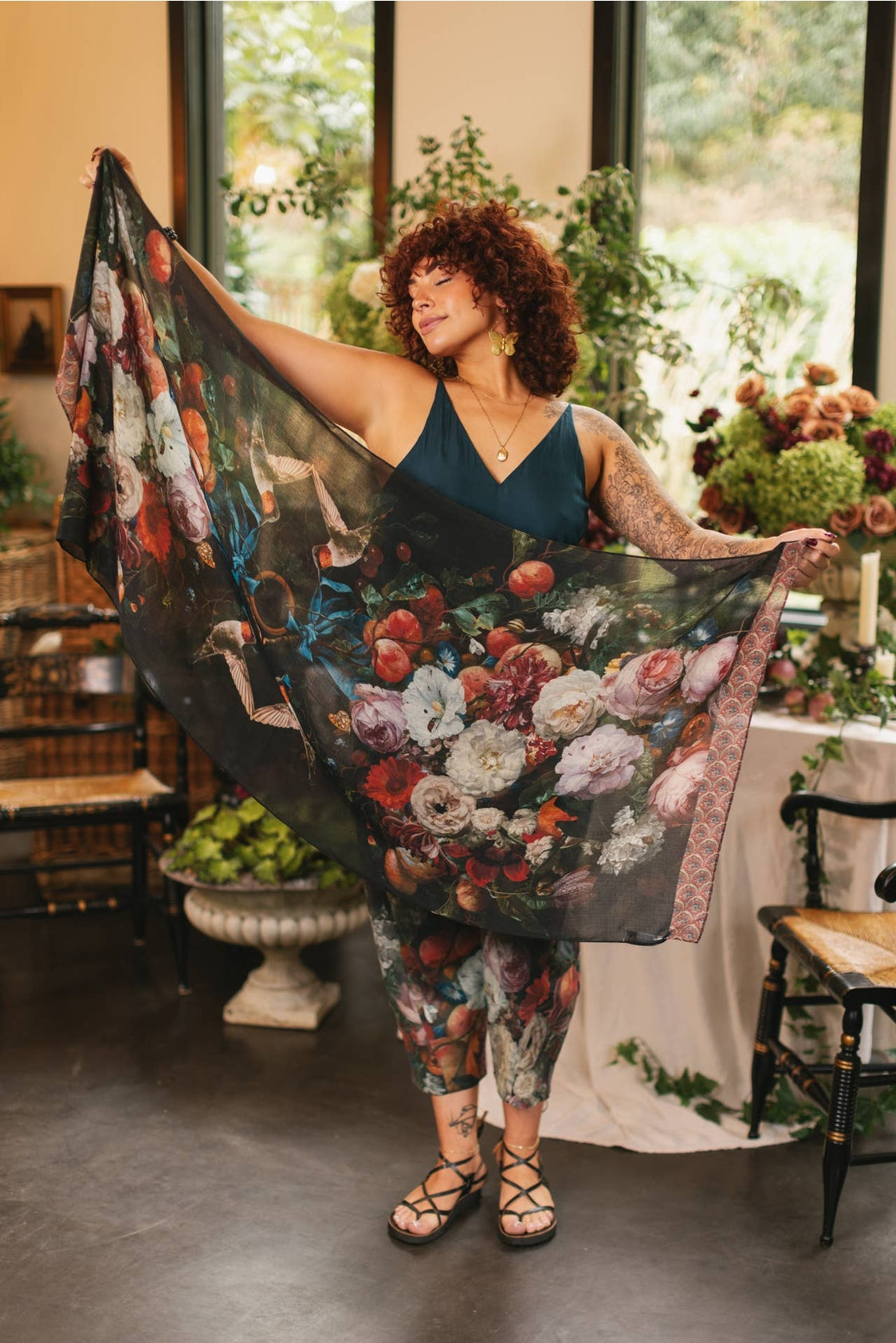 Market Of Stars - Flight of Fancy Floral Scarf - Hummingbirds