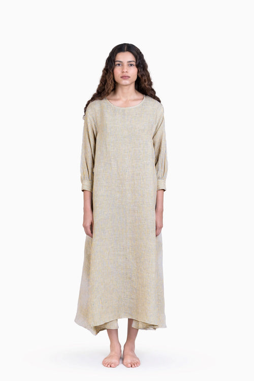 Beautiful European Linen ‘Galina’ Dress - Swirly Yellow Stripe