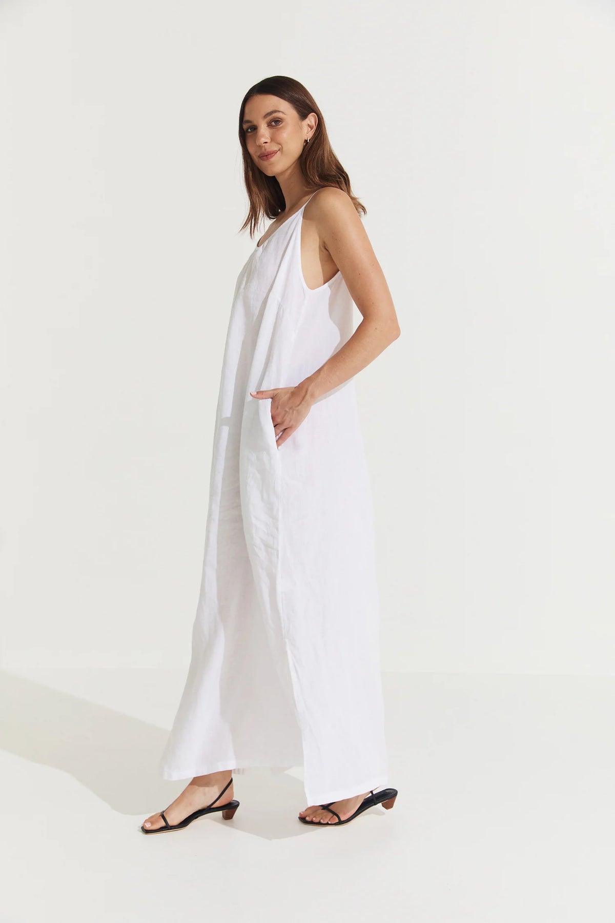 Montaigne ‘Virginie’ Linen Maxi Dress with Side Splits - White - LAST ONE
