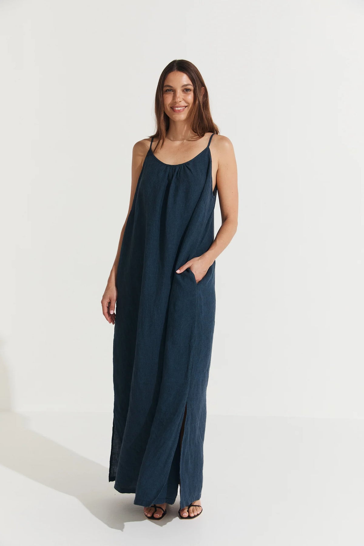 Montaigne ‘Virginie’ Linen Maxi Dress with Side Splits - White - LAST ONE