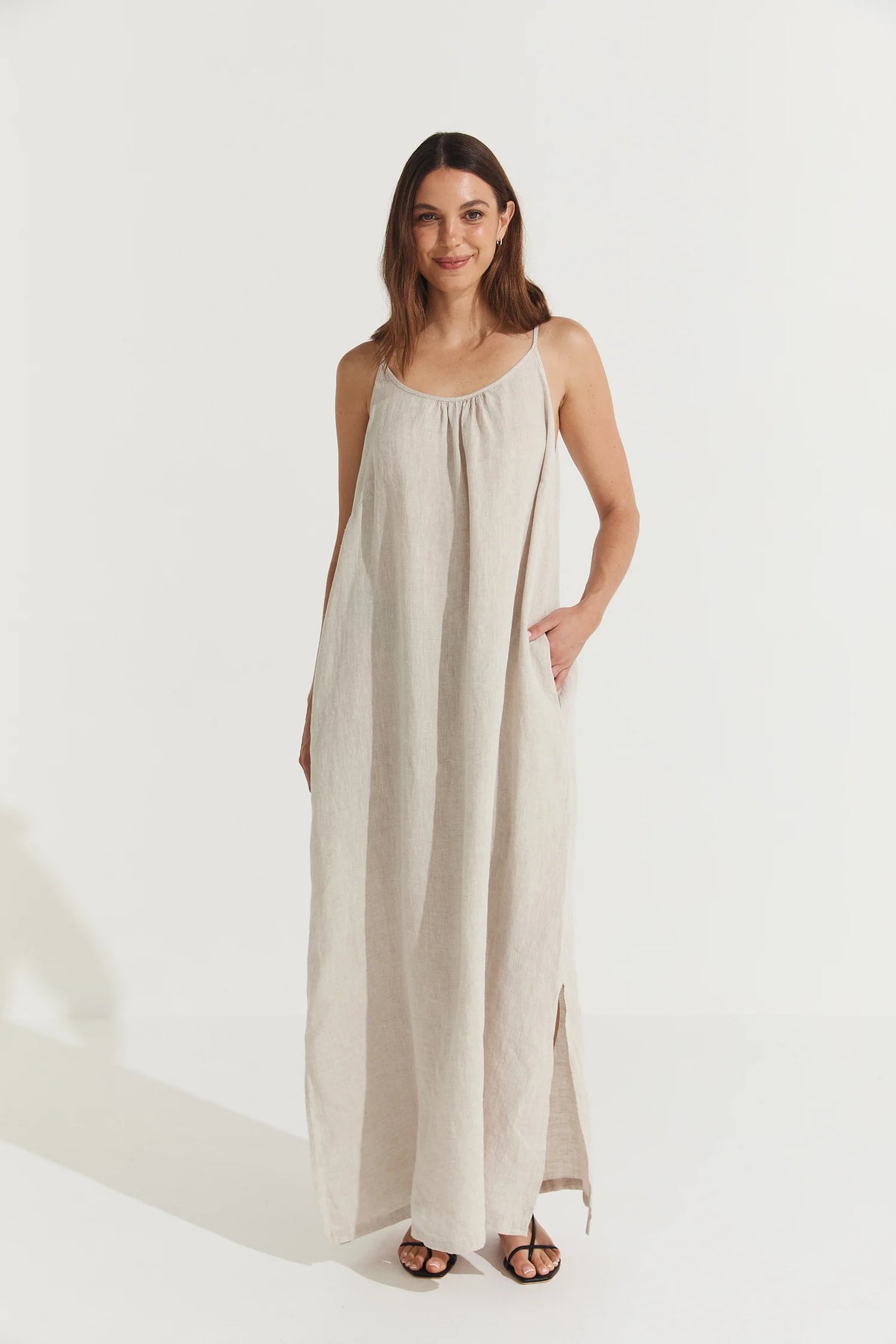 Montaigne ‘Virginie’ Linen Maxi Dress with Side Splits - White - LAST ONE