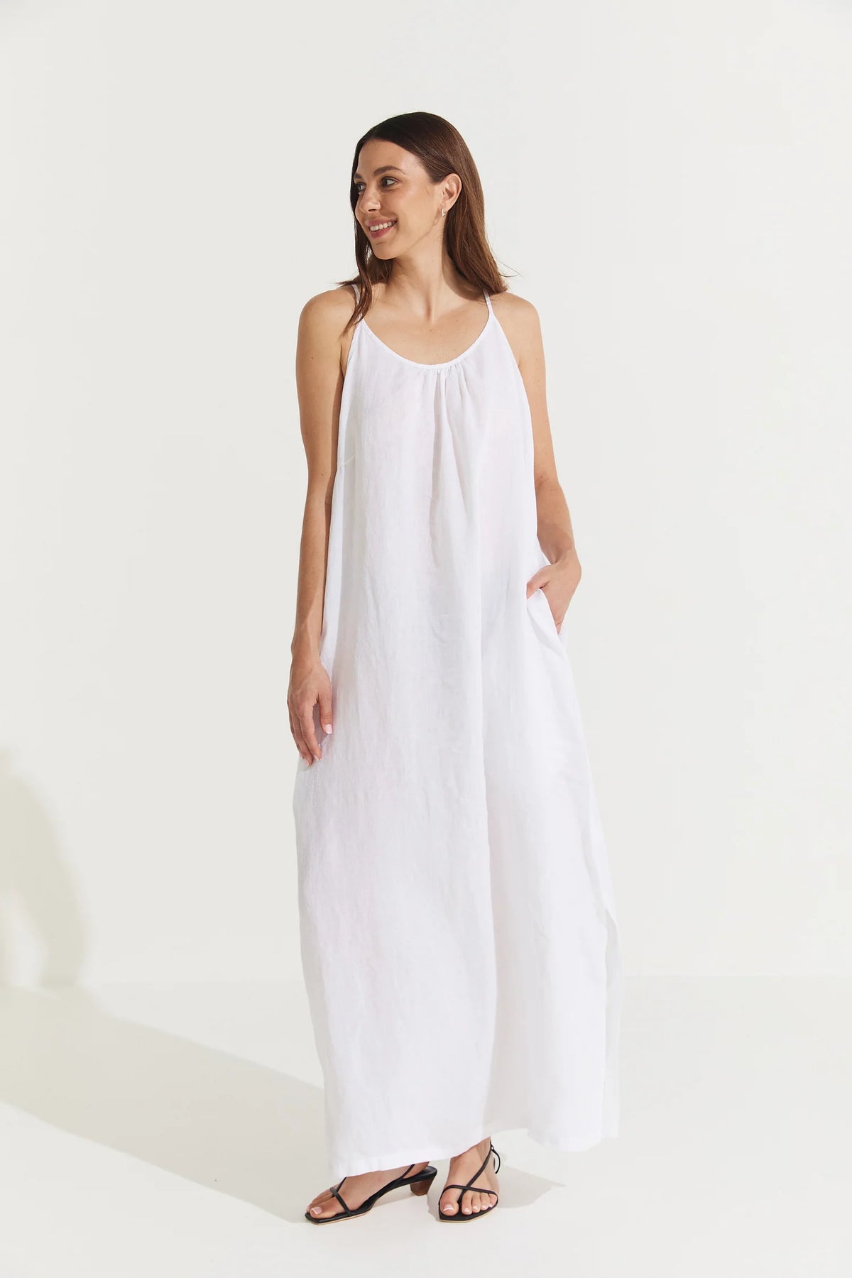 Montaigne ‘Virginie’ Linen Maxi Dress with Side Splits - White - LAST ONE