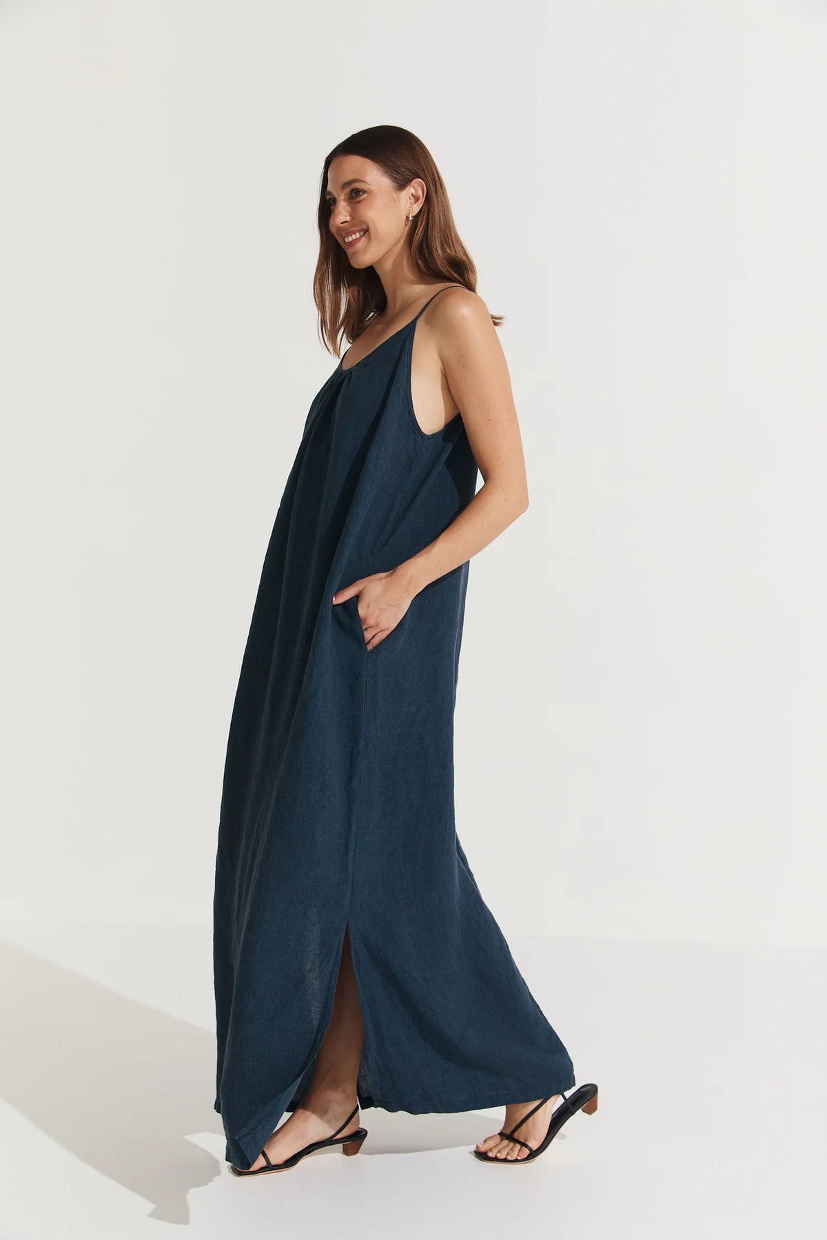 Montaigne ‘Virginie’ Linen Maxi Dress with Side Splits - White - LAST ONE