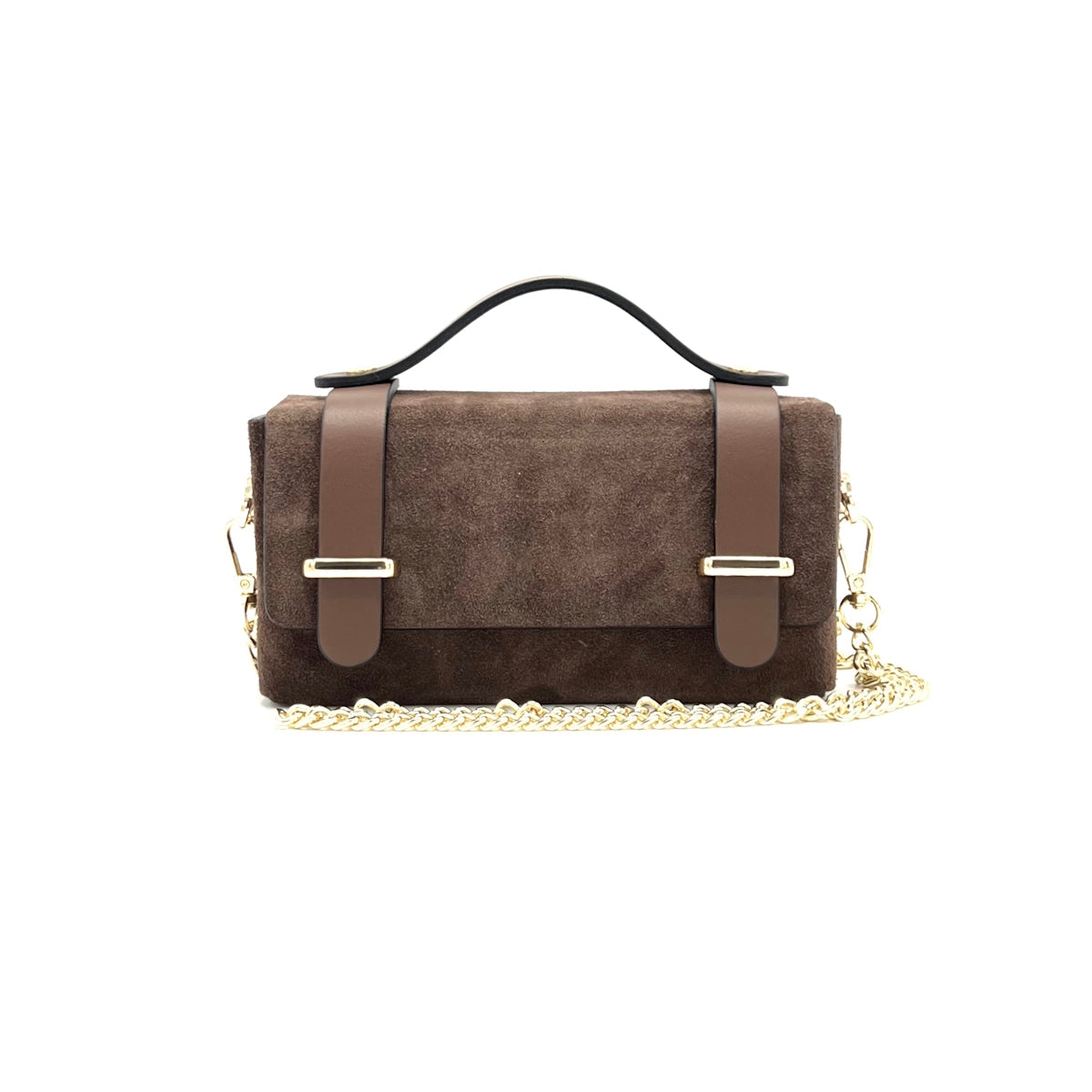 Italian Suede Leather Mini Clutch Bag with Chain - Chocolate