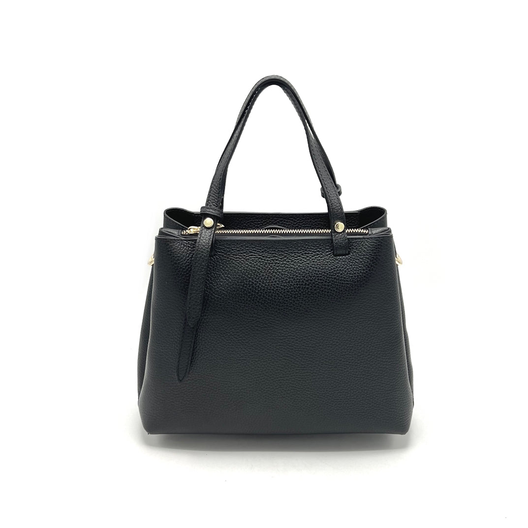 Italian Medium Size Genuine Leather Handbag with Crossbody Strap - Black