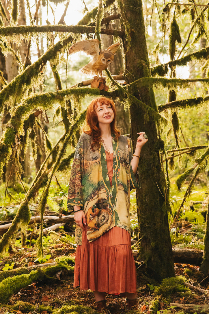 Market Of Stars - Woodland Wisdom - Matinée Duster Kimono - Florals, Fox & Owl
