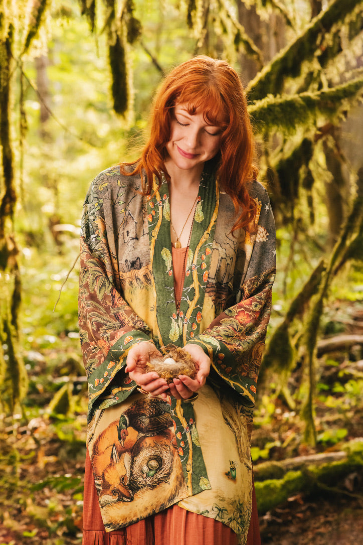 Market Of Stars - Woodland Wisdom - Matinée Duster Kimono - Florals, Fox & Owl