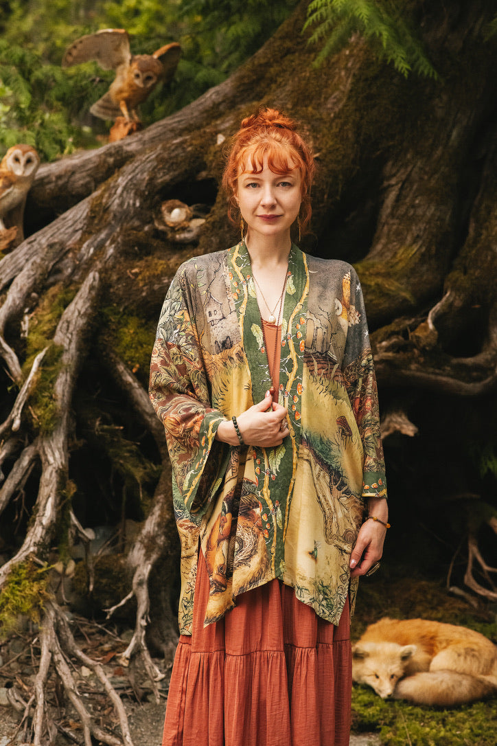 Market Of Stars - Woodland Wisdom - Matinée Duster Kimono - Florals, Fox & Owl