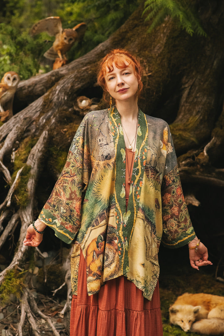 Market Of Stars - Woodland Wisdom - Matinée Duster Kimono - Florals, Fox & Owl