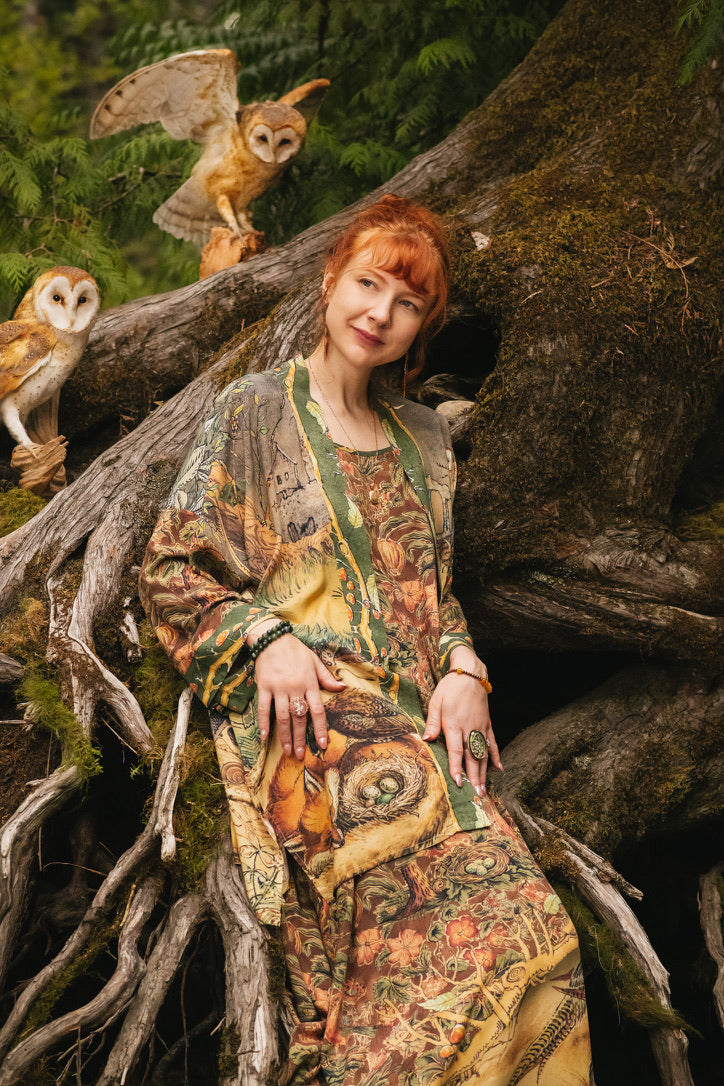 Market Of Stars - Woodland Wisdom - Matinée Duster Kimono - Florals, Fox & Owl