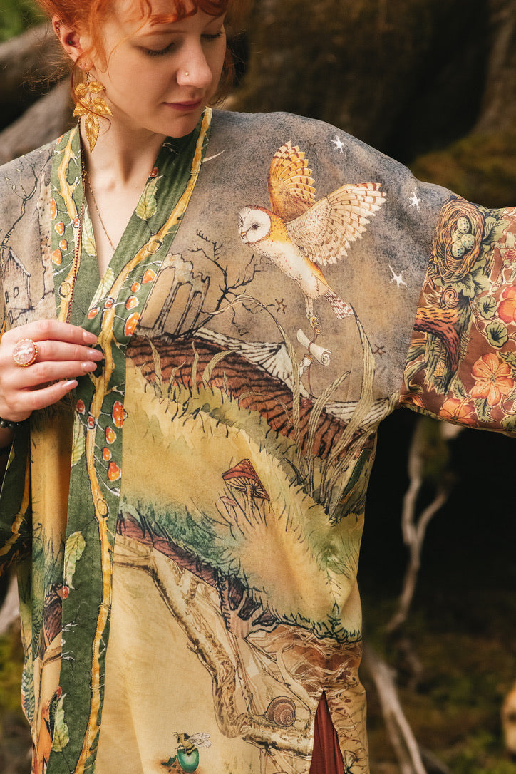 Market Of Stars - Woodland Wisdom - Matinée Duster Kimono - Florals, Fox & Owl