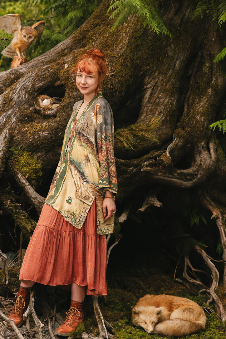 Market Of Stars - Woodland Wisdom - Matinée Duster Kimono - Florals, Fox & Owl