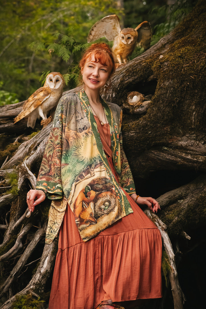 Market Of Stars - Woodland Wisdom - Matinée Duster Kimono - Florals, Fox & Owl