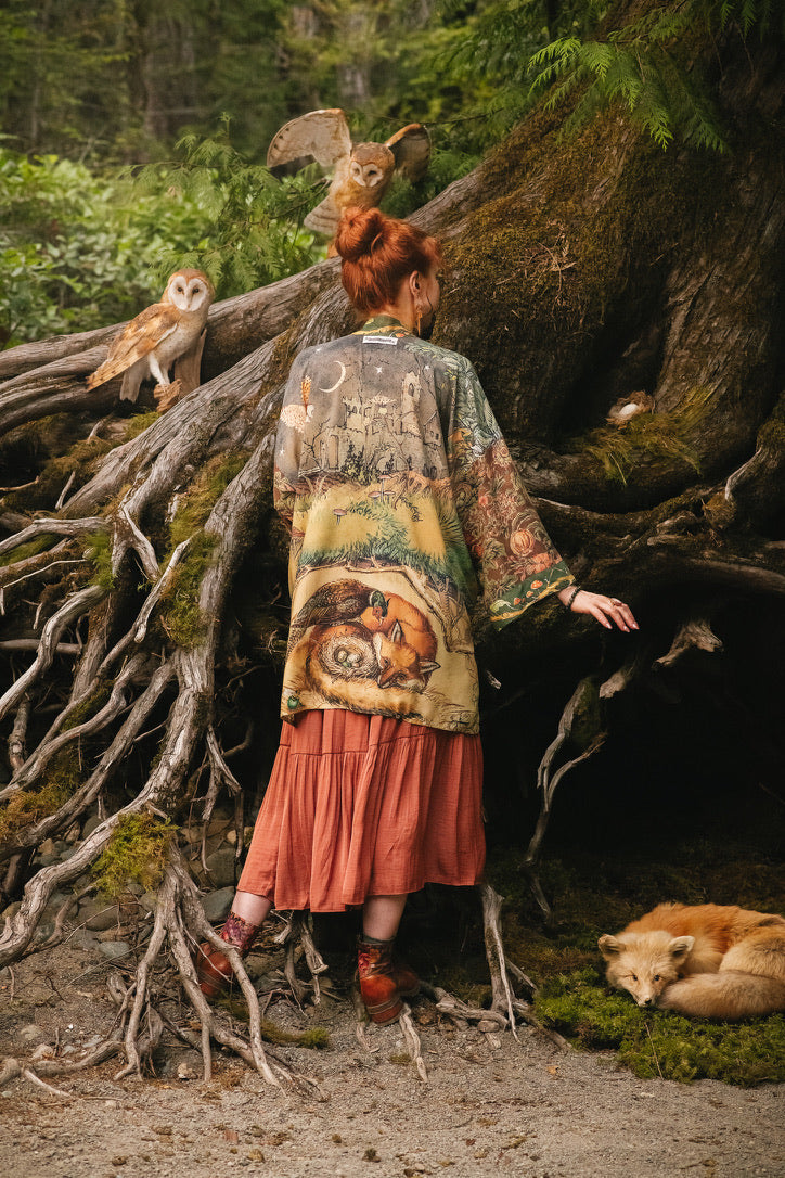 Market Of Stars - Woodland Wisdom - Matinée Duster Kimono - Florals, Fox & Owl
