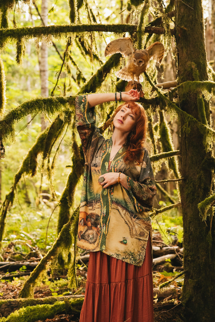 Market Of Stars - Woodland Wisdom - Matinée Duster Kimono - Florals, Fox & Owl