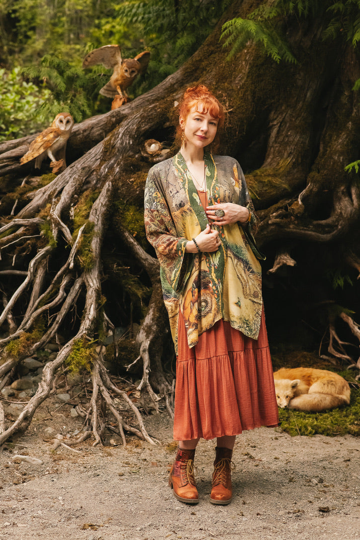 Market Of Stars - Woodland Wisdom - Matinée Duster Kimono - Florals, Fox & Owl