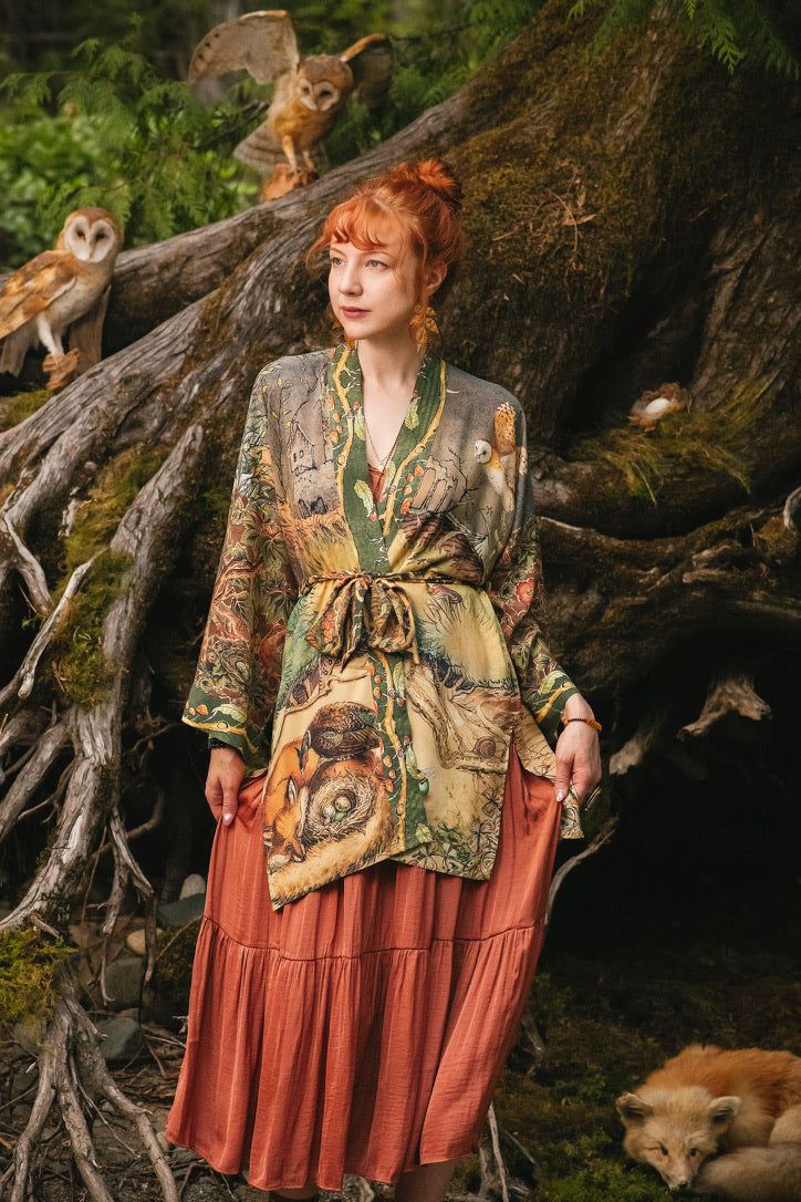 Market Of Stars - Woodland Wisdom - Matinée Duster Kimono - Florals, Fox & Owl