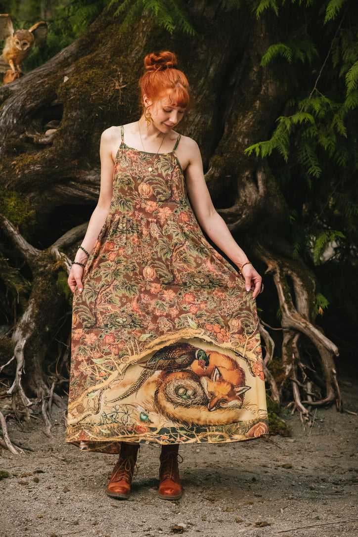 Market Of Stars - Woodland Wisdom - Print Bohemian Long Maxi Bamboo Slip Dress - Florals, Fox & Owl