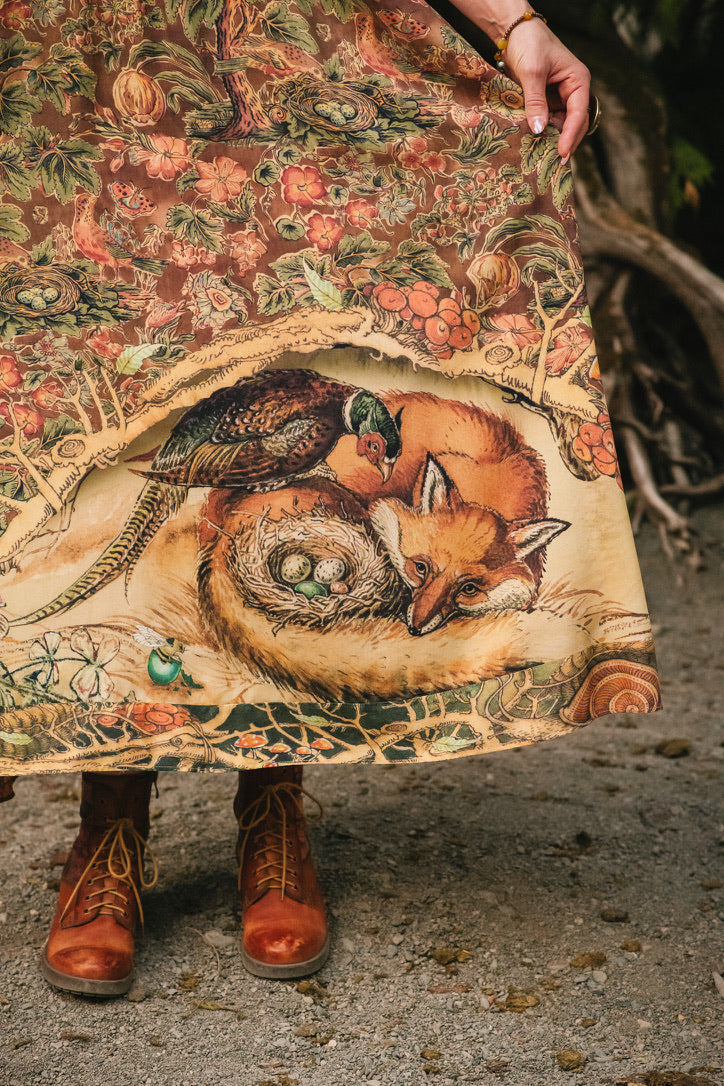 Market Of Stars - Woodland Wisdom - Print Bohemian Long Maxi Bamboo Slip Dress - Florals, Fox & Owl