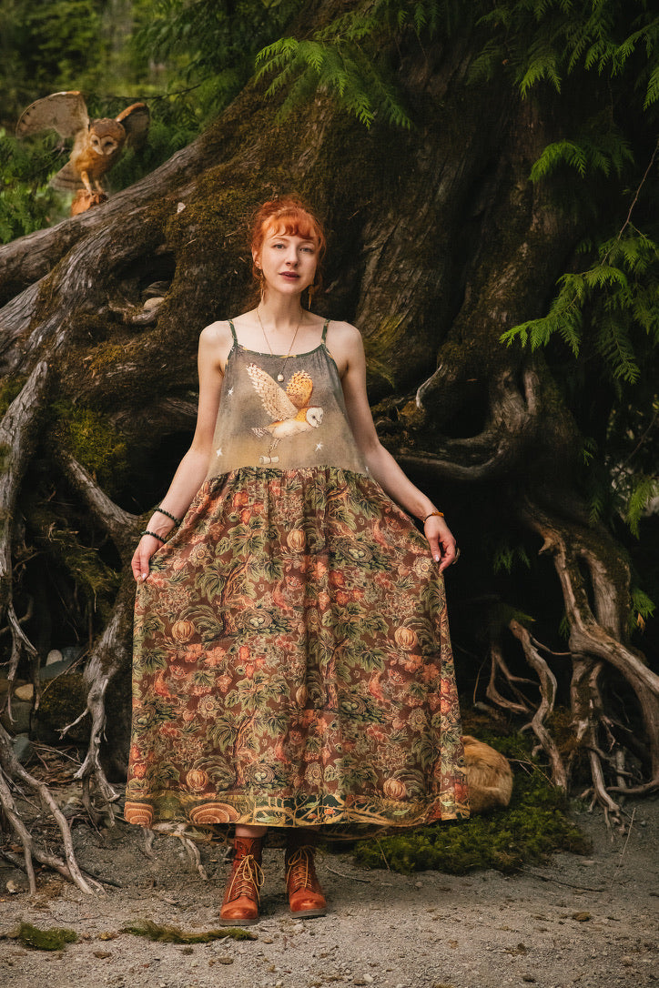 Market Of Stars - Woodland Wisdom - Print Bohemian Long Maxi Bamboo Slip Dress - Florals, Fox & Owl