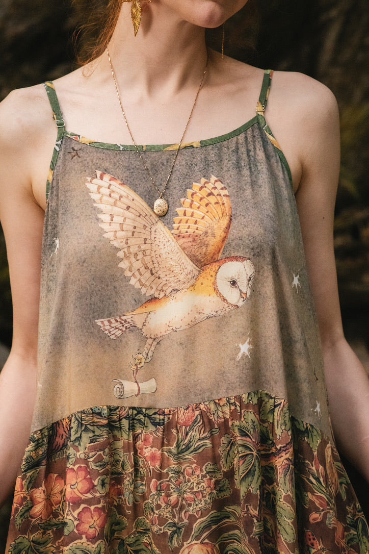 Market Of Stars - Woodland Wisdom - Print Bohemian Long Maxi Bamboo Slip Dress - Florals, Fox & Owl
