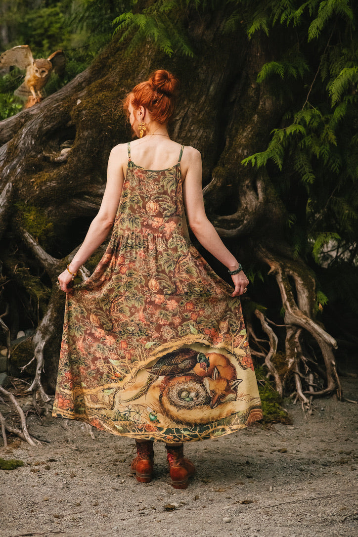 Market Of Stars - Woodland Wisdom - Print Bohemian Long Maxi Bamboo Slip Dress - Florals, Fox & Owl