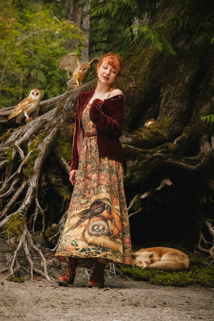 Market Of Stars - Woodland Wisdom - Print Bohemian Long Maxi Bamboo Slip Dress - Florals, Fox & Owl