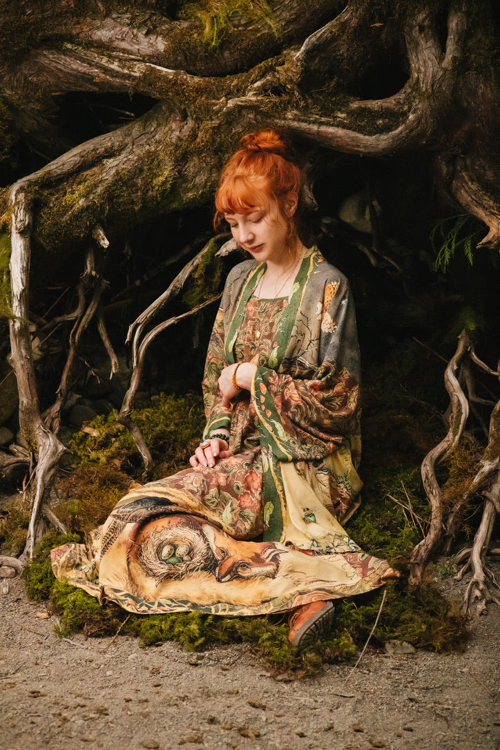 Market Of Stars - Woodland Wisdom - Print Bohemian Long Maxi Bamboo Slip Dress - Florals, Fox & Owl