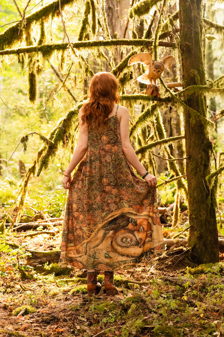Market Of Stars - Woodland Wisdom - Print Bohemian Long Maxi Bamboo Slip Dress - Florals, Fox & Owl