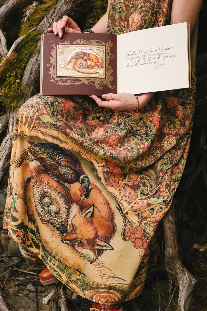 Market Of Stars - Woodland Wisdom - Print Bohemian Long Maxi Bamboo Slip Dress - Florals, Fox & Owl