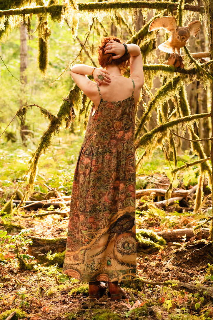 Market Of Stars - Woodland Wisdom - Print Bohemian Long Maxi Bamboo Slip Dress - Florals, Fox & Owl