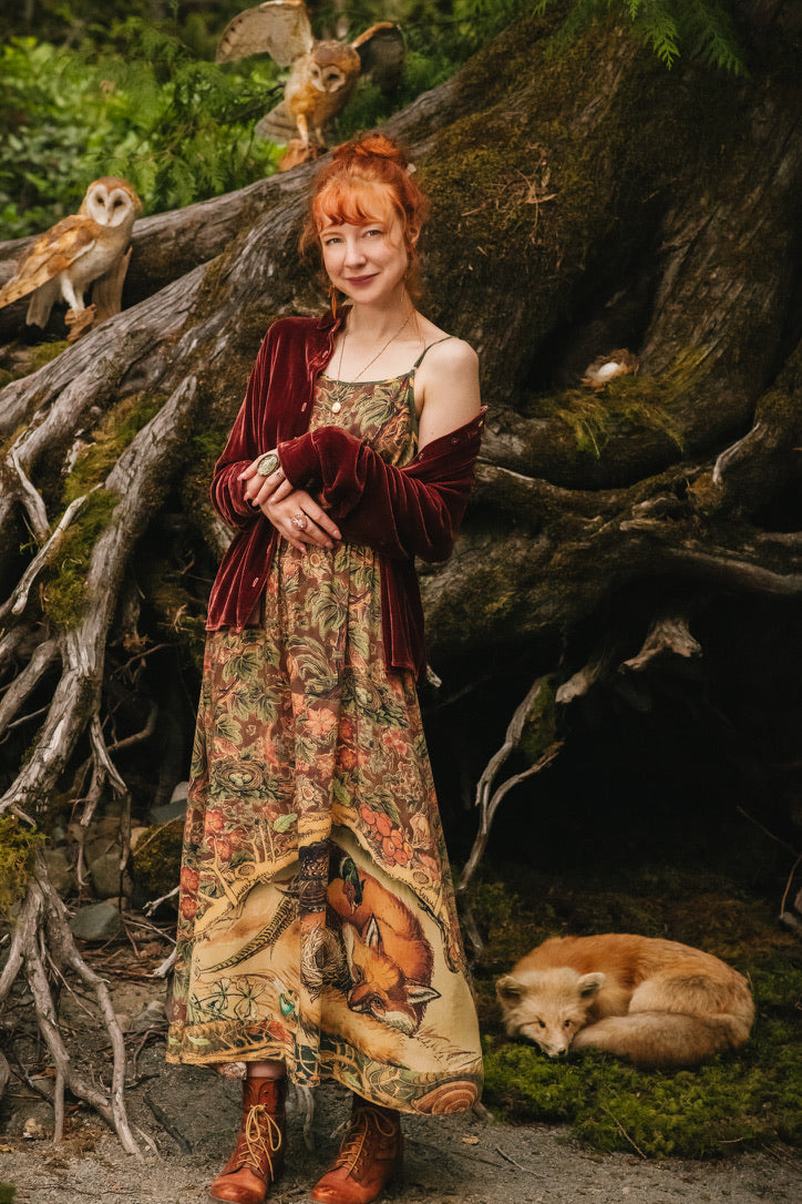 Market Of Stars - Woodland Wisdom - Print Bohemian Long Maxi Bamboo Slip Dress - Florals, Fox & Owl