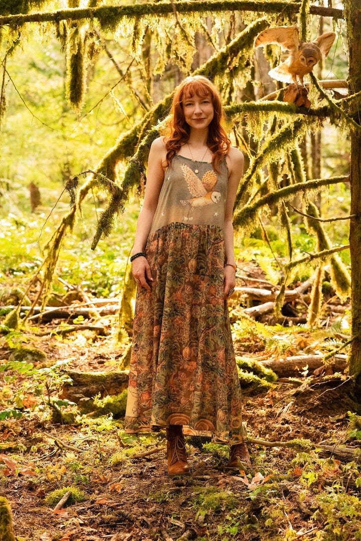 Market Of Stars - Woodland Wisdom - Print Bohemian Long Maxi Bamboo Slip Dress - Florals, Fox & Owl