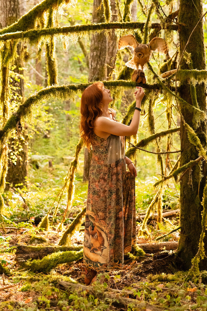 Market Of Stars - Woodland Wisdom - Print Bohemian Long Maxi Bamboo Slip Dress - Florals, Fox & Owl