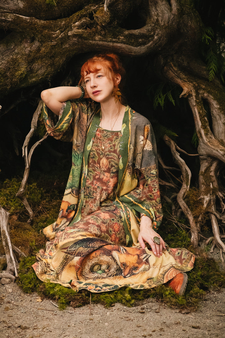 Market Of Stars - Woodland Wisdom - Print Bohemian Long Maxi Bamboo Slip Dress - Florals, Fox & Owl