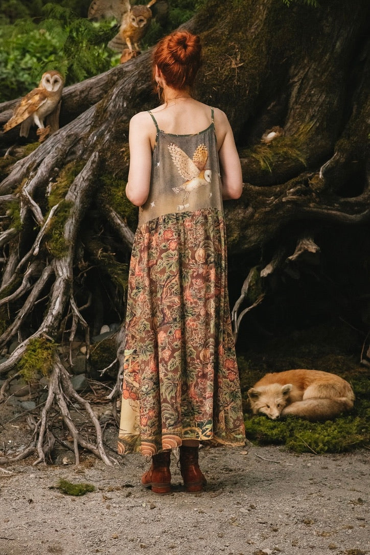 Market Of Stars - Woodland Wisdom - Print Bohemian Long Maxi Bamboo Slip Dress - Florals, Fox & Owl