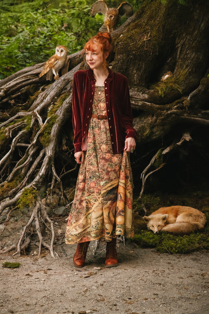 Market Of Stars - Woodland Wisdom - Print Bohemian Long Maxi Bamboo Slip Dress - Florals, Fox & Owl