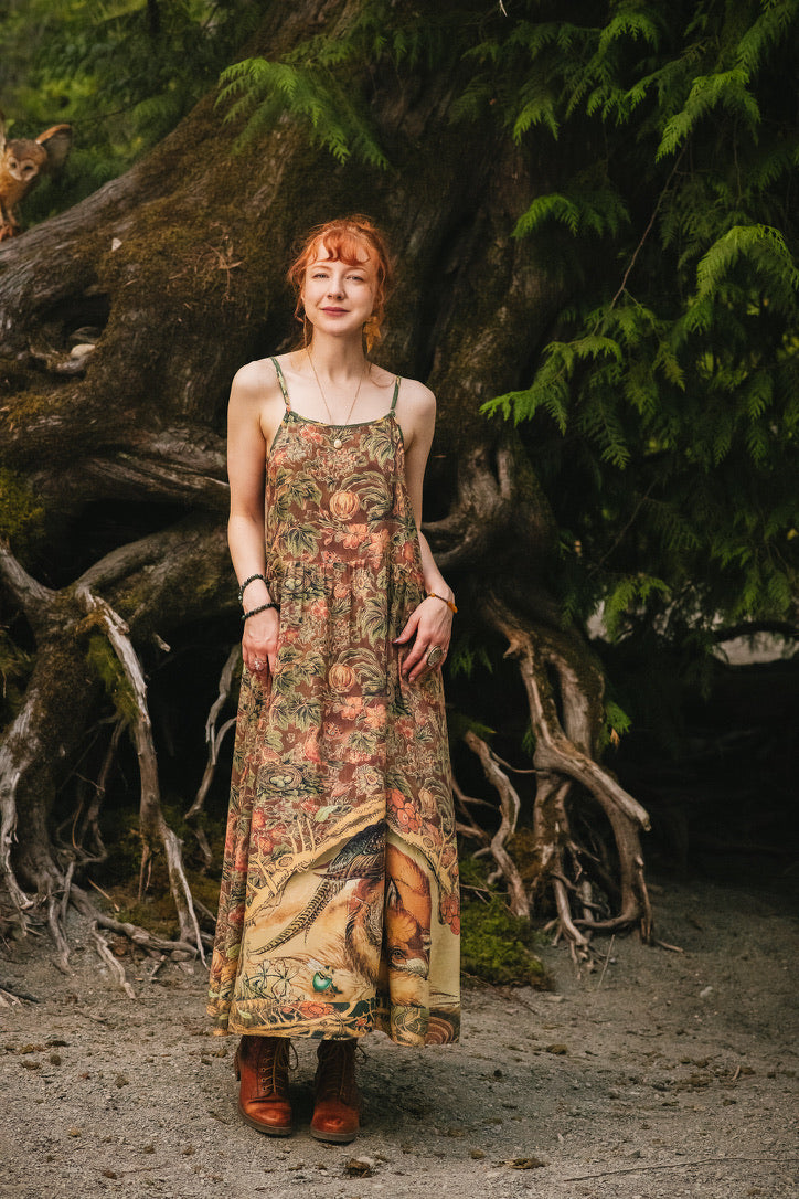 Market Of Stars - Woodland Wisdom - Print Bohemian Long Maxi Bamboo Slip Dress - Florals, Fox & Owl
