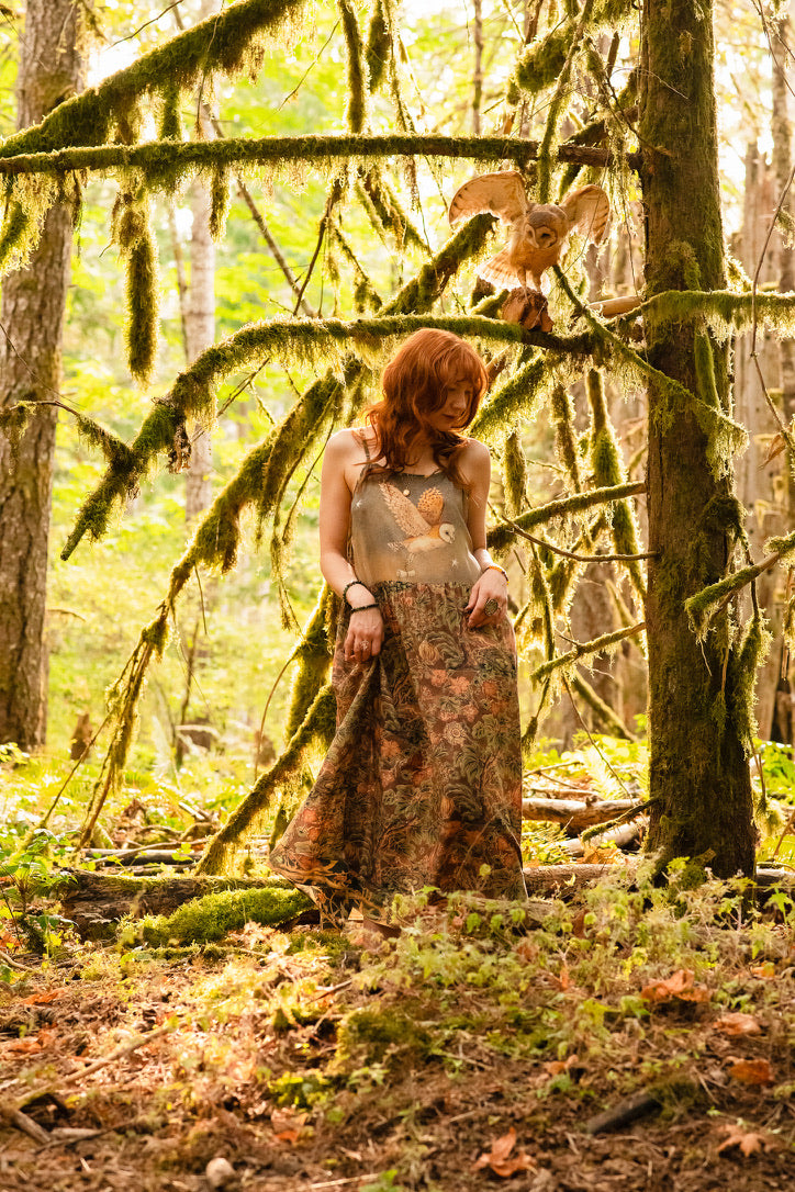 Market Of Stars - Woodland Wisdom - Print Bohemian Long Maxi Bamboo Slip Dress - Florals, Fox & Owl