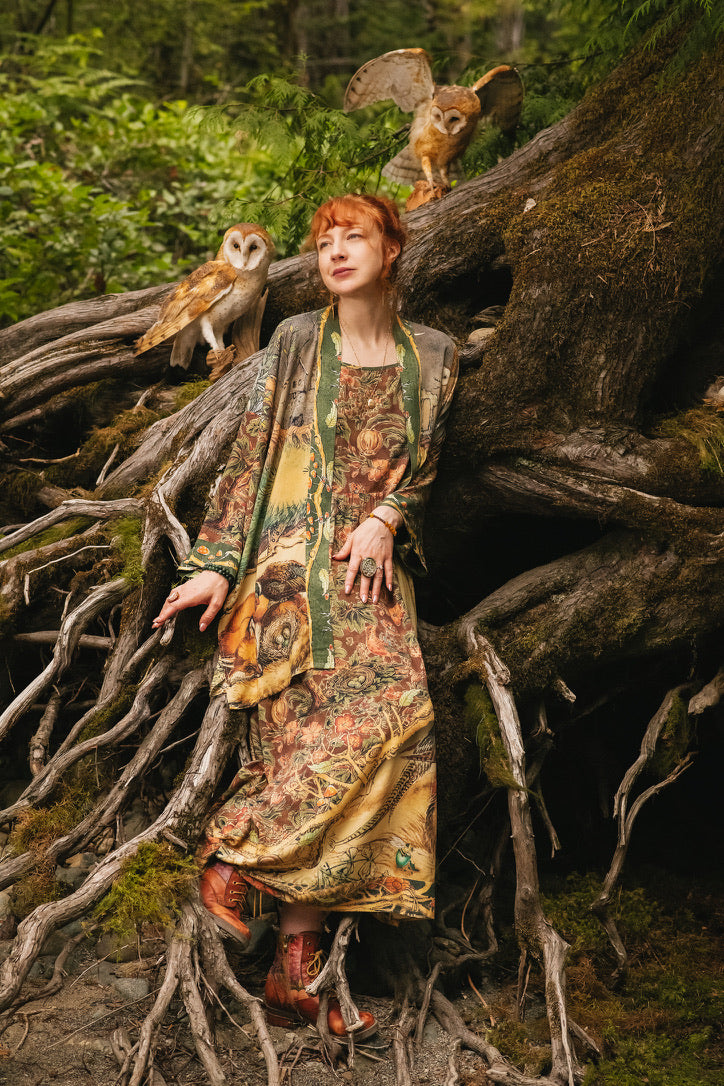 Market Of Stars - Woodland Wisdom - Print Bohemian Long Maxi Bamboo Slip Dress - Florals, Fox & Owl