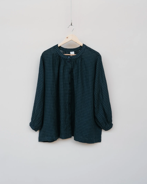 Montaigne - Carmen - Button Through Long Sleeve Top - Tiny Blue Check