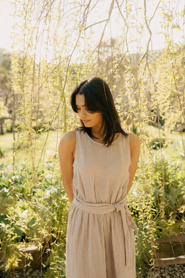 Montaigne - Alba - French Linen Tie-Waist Jumpsuit - Houndstooth