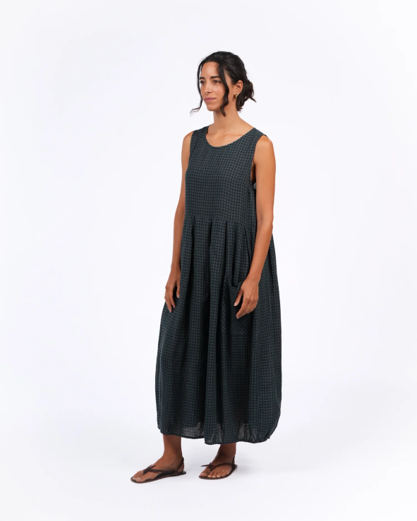 Montaigne - Sartene - French Linen Dress - Blue Green Check
