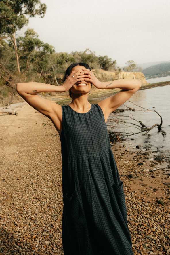 Montaigne - Sartene - French Linen Dress - Blue Green Check