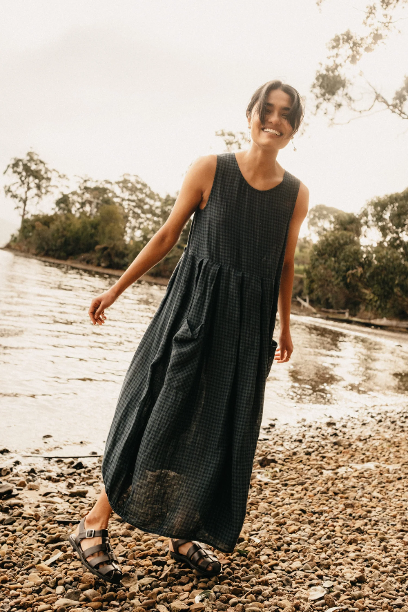 Montaigne - Sartene - French Linen Dress - Blue Green Check