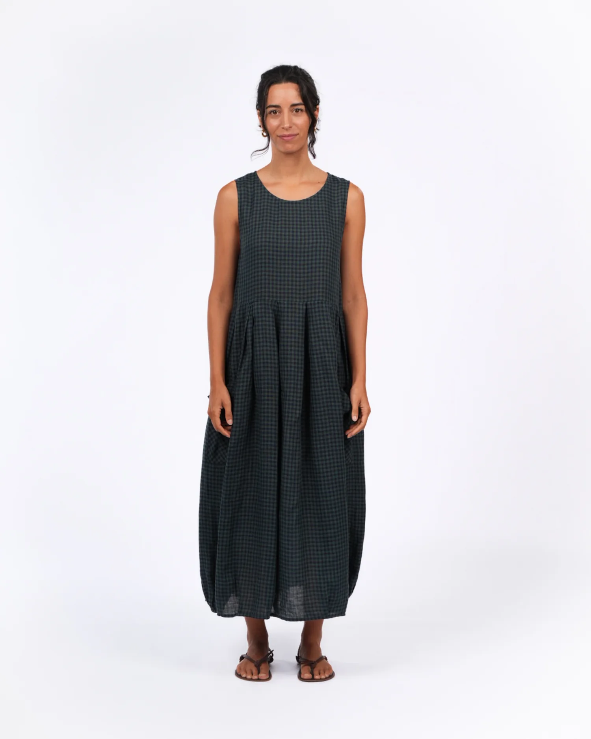 Montaigne - Sartene - French Linen Dress - Blue Green Check
