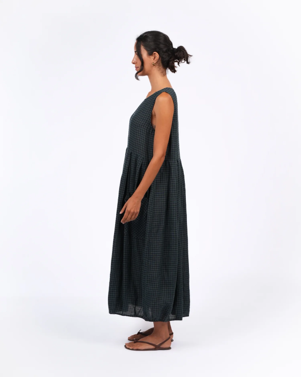 Montaigne - Sartene - French Linen Dress - Blue Green Check